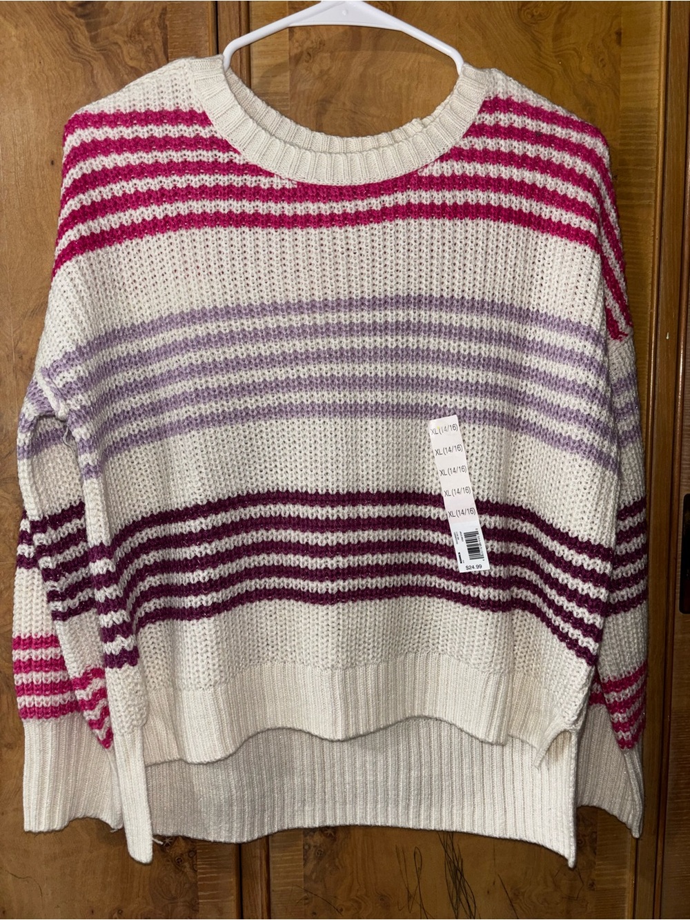 Girls Cream Stripe Knit Sweater with Pink, Lavender & purple size XL 14/16